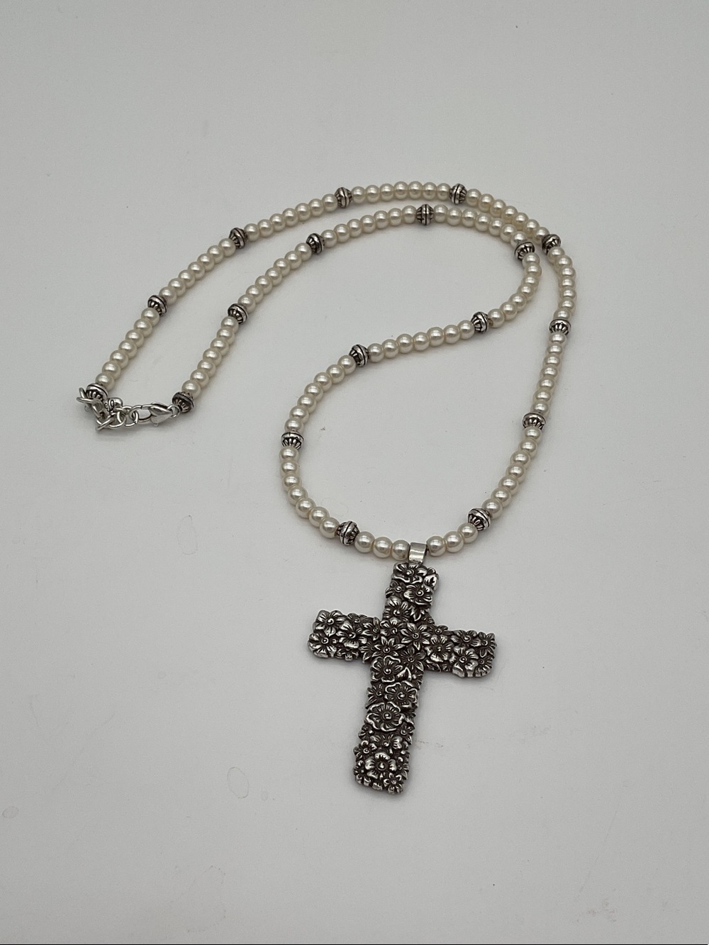 Brighton Lola Cross Floral Silver Plated Cross on Faux Pearl Necklace